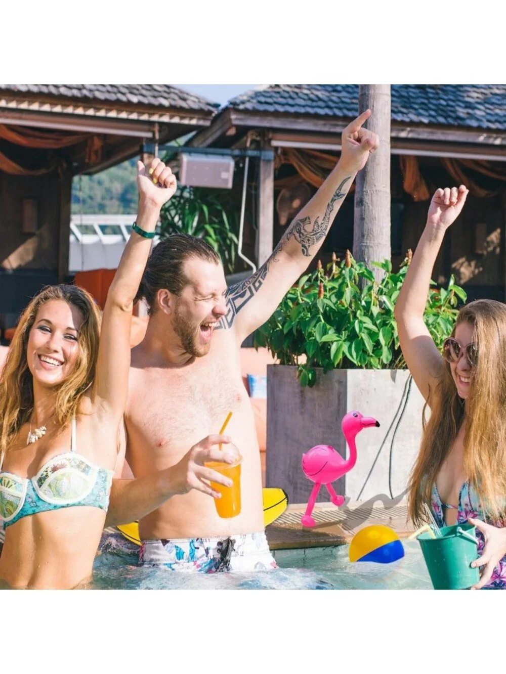 8 Pack Inflatable Luau Party Decor - Palm Trees, Beach Balls & Flamingos, Summer